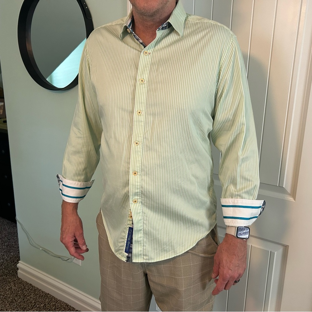 Robert Graham cotton button down large green and white strip shirt
